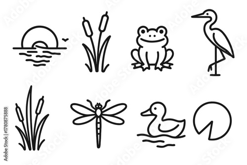 Wetland Sunset Icons. Line style icons of Sunset Wetland: Golden Water Reflection, Cattails, Frog, Duck, Heron, Reeds, Dragonfly,