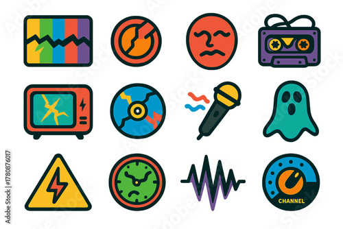 Analog Distortion Icons. Flat vector icons of Analog Distortion: static screen, broken knob, warped face, twisted cassette tape,