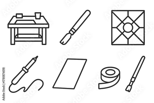 Stained Glass Tools Icons. Line style icons of Stained Glass Workshop: Workbench, Glass Cutter, Lead Channel, Pattern, Soldering