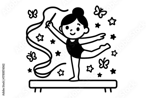 Gymnast and Butterflies. Cute gymnast balancing on a beam with ribbons, stars, and butterflies flying around, black and white line