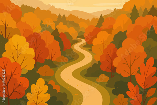 Autumn Forest Path. Scenic aerial vector illustration view of a winding forest path surrounded by vibrant autumn foliage, warm