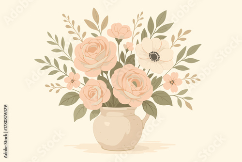 Timeless Floral Arrangement. Elegant floral arrangement in a rustic ceramic vase, soft pastel tones, natural light, vector