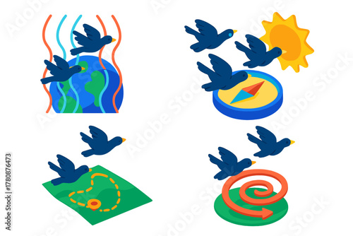 Vibrant Navigation Icons. Isometric vector illustration set Migratory Group Navigation: Magnetic field line, solar compass overlay