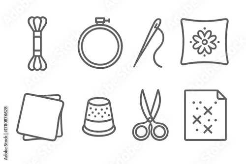 Embroidery Line Icons. Line style icons of Embroidery: Floss, Hoop, Needle, Sampler, Fabric, Thimble, Embroidery Scissors, Pattern