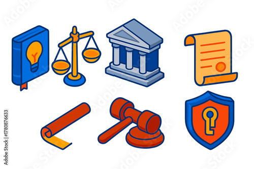 Intellectual Property Icons. Isometric vector illustration set Intellectual Property Law: legal book, balanced scales, courthouse