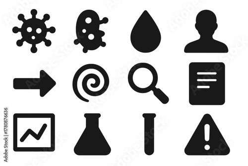 Disease Ecology Icons. Solid style icons of disease ecology and epidemiology: virus, bacteria, droplet, human silhouette, arrow,