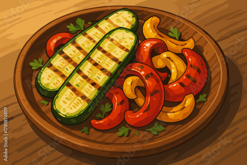 Grilled Vegetable Delight. Freshly grilled zucchini and bell peppers served on a rustic wooden plate, vector illustration vibrant