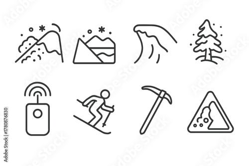 Avalanche Safety Icons. Line style icons of Snowy Avalanche: Snow Drift, Snowpack, Cornice, Buried Tree, Rescue Beacon, Skier, Ice