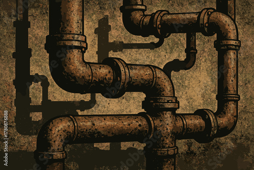 Rusty Industrial Pipes. Industrial pipes with rusted textures and dramatic shadows, gritty and vintage, muted earthy tones,
