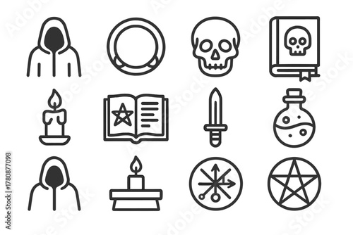 Arcane Ritual Icons. Line style icons of Arcane Ritual: Necromancy, Circle, Skull, Forbidden Tome; Candle, Spellbook, Dagger,