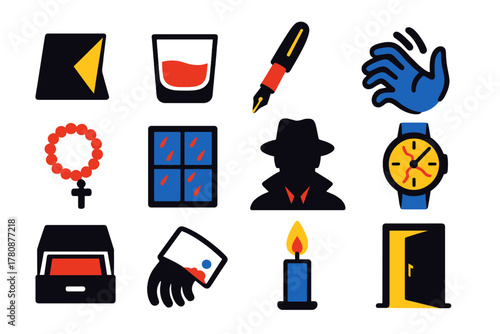 Noir Confession Icons. Flat vector icons of Noir Confession: folded note, whiskey glass, fountain pen, trembling hand, rosary