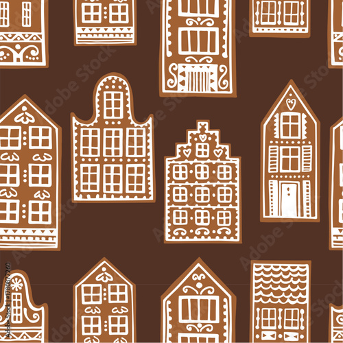 Hand-drawn gingerbread houses. Vector  seamless pattern.
