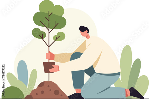 flat vector illustration of people planting trees