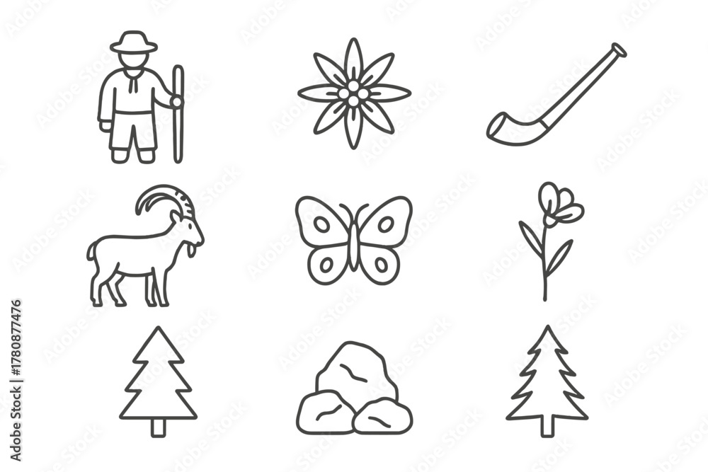 Fototapeta premium Alpine Meadow Icons. Line style icons of Alpine Meadow: Shepherd, Edelweiss, Alpine Horn, Mountain Goat, Butterfly, Wildflower,