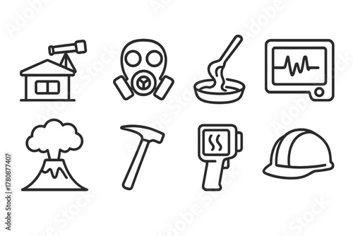 Volcanic Monitoring Icons. Line style icons of Volcanic Monitoring: Observation Post, Gas Mask, Lava Sample, Seismograph, Ash