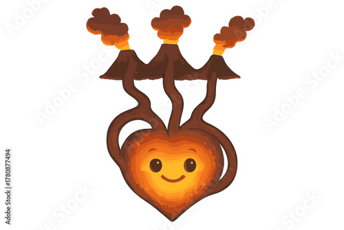 Smiling Magma Heart. Underground magma chamber illustrated as a glowing smiling heart with tunnels leading to surface vents No