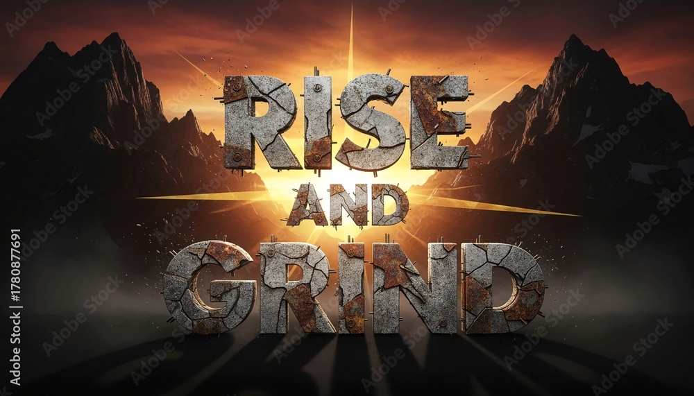 Naklejka premium Bold Rise and Grind motivational quote with cracked metal letters and dramatic sunrise over mountain landscape 