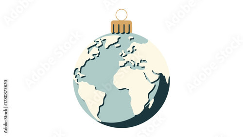 Global Ornament: A stylized illustration presents the globe in the shape of a festive ornament, adorned with continents and oceans, celebrating global unity and the holiday spirit. 