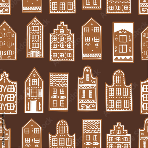 Hand-drawn gingerbread houses. Vector  seamless pattern.