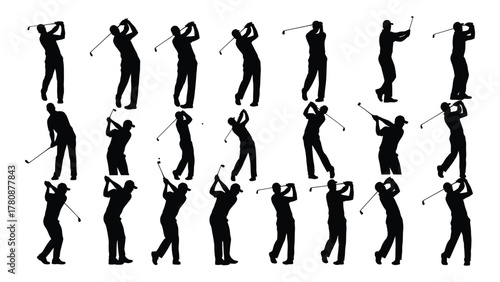 Golf swing silhouettes isolated on transparent background, Vector