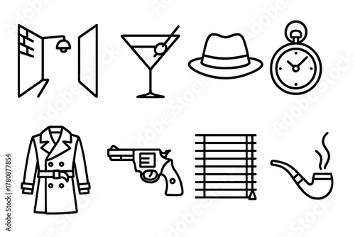 Film Noir Icons. Line style icons of Film Noir: Shadowed Alley, Martini Glass, Fedora Hat, Pocket Watch, Trench Coat, Revolver,