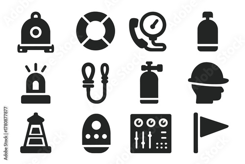 Safety Equipment Icons. Solid style icons of Safety and support: diving bell, life buoy, communication line, pressure gauge,