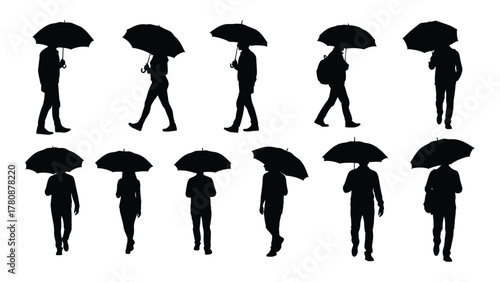 People walking with umbrellas silhouettes isolated on transparent background, Vector