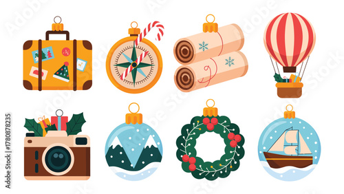 Travel Christmas Ornaments: A charming array of festive ornaments celebrates the spirit of travel and the holiday season. The set features a vintage suitcase, a compass, old maps, a hot air balloon.
