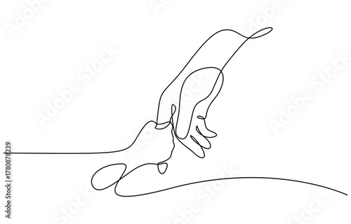 One continuous line drawing of baby kid hand holding mom dad parents hands. Vector illustration on transparent background
