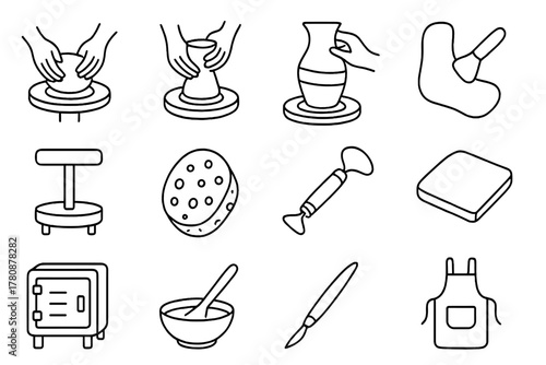 Wheel-Thrown Pottery Icons. Line style icons of Wheel-Thrown Ceramics: Clay Centering, Wall Pulling, Shaping Form, Rib Tool;