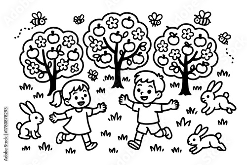 Blossoming Orchard Scene. Peaceful orchard with blossoming apple trees, children playing, bees buzzing, and rabbits hopping, black