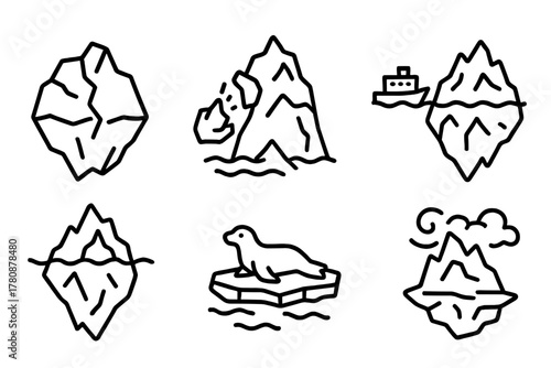 Fractured Iceberg Icons. Line style icons of Fractured Iceberg: Cracked Ice, Calving, Tip, Ship, Underwater Mass, Seal, Mist,