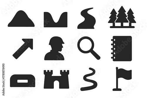 Military Terrain Icons. Solid style icons of military use of terrain: hill, valley, river, forest, arrow, soldier silhouette,