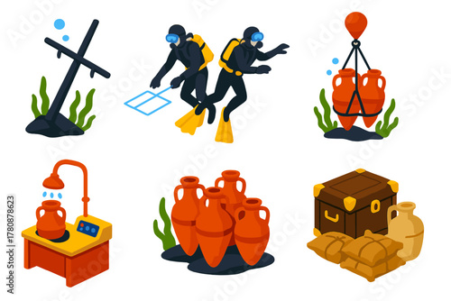 Nautical Archaeology Icons. Isometric vector illustration set Nautical archaeology: submerged masts, divers with measuring tools,