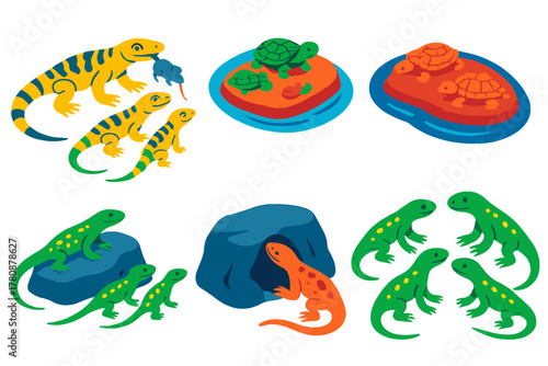 Social Learning in Reptiles. Isometric vector illustration set Social learning in reptiles: juvenile monitor lizards copying