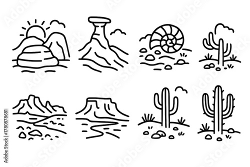 Badlands Icon Style Art. Line style icons of Sunset Badlands: Golden Rock, Shadowed Hoodoo, Fossil, Harsh Landscape, Distant Mesa,