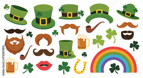 St Patricks Day party props and photo booth decoration set with shamrock green hat leprechaun beard bow tie and glasses