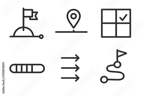 Goal Setting Icons. Line style icons of Goal Setting and Monitoring: goal flag on timeline, milestone marker, objective planning
