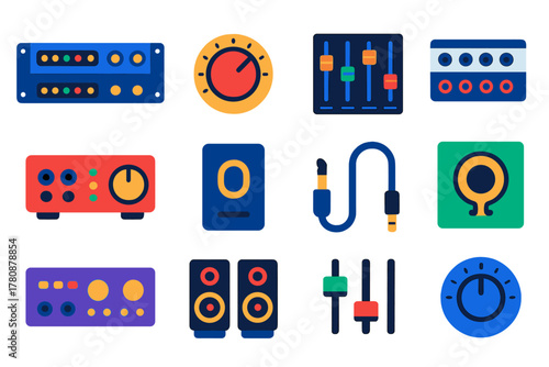 Studio Equipment Icons. Flat vector icons of Studio Mixing Equipment: rack unit, compressor knob, EQ sliders, patch bay, audio
