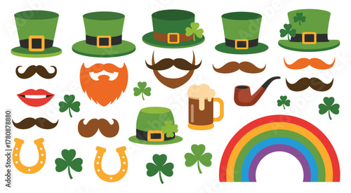 St Patricks Day photo booth props and decorations collection green hats glasses shamrock clover leprechaun festive party accessories set