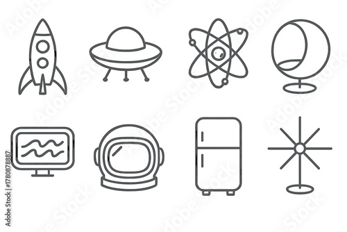Atomic Age Icons. Line style icons of Atomic Age: Rocket Ship, Flying Saucer, Atomic Clock, Bubble Chair, Neon Sign, Space Helmet,