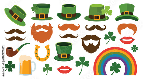 St Patricks Day decorations and photo booth props set green shamrock clover leprechaun hat glasses and festive party accessories