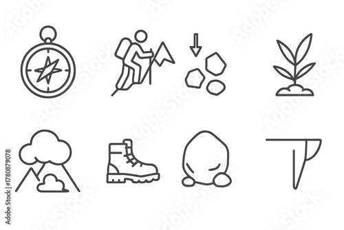 Adventure Icons Collection. Line style icons of Adventure Scree: Compass, Mountain Climber, Loose Rock, Hardy Plant, Avalanche