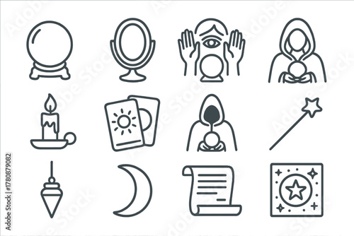 Mystic Icons Collection. Line style icons of Mystic Instruments: Crystal Sphere, Black Mirror, Foresight, Fortune Reader; Candle
