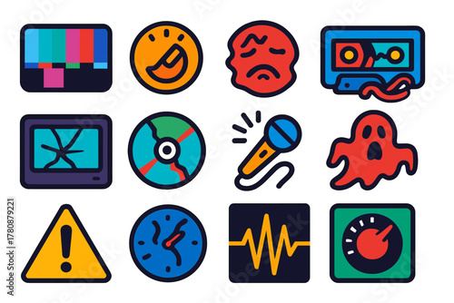 Analog Distortion Icons. Flat vector icons of Analog Distortion: static screen, broken knob, warped face, twisted cassette tape,