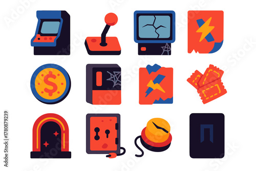 Abandoned Arcade Icons. Flat vector icons of Abandoned Arcades: dusty cabinet, broken joystick, cracked CRT, faded token,
