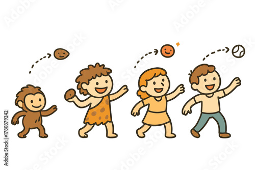 Evolution of Throwing. Cute doodle evolution of throwing scene with cheerful humans through time, cartoon projectiles flying,
