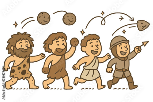 Evolution of Throwing. Cute doodle evolution of throwing scene with cheerful humans through time, cartoon projectiles flying,