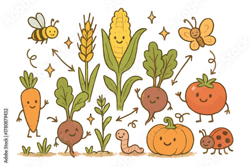 Whimsical Agroecology Farm. Whimsical doodle agroecology farm with smiling crops, cartoon vegetables and grains waving, cheerful