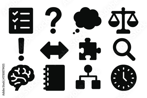 Cognitive Bias Icons. Solid style icons of cognitive biases and decision making: checklist, question mark, thought bubble, scales,